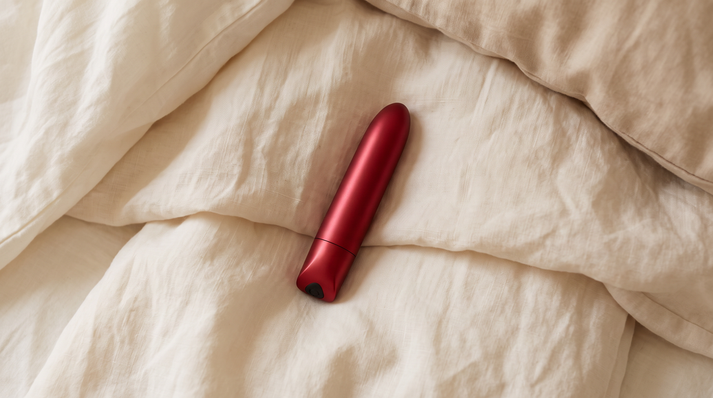 KUNDZSI Rouge bullet vibrator on cream bedding