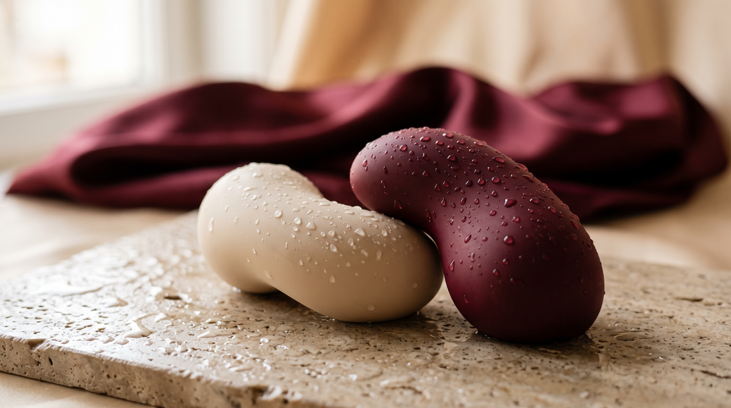 Cleaning a vibrator – KUNDZSI matte silicone pieces with water droplets